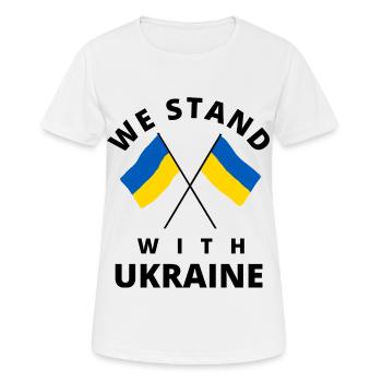 Drapeau de l’Ukraine. nous sommes aux côtés de l’Ukraine - T-shirt respirant Femme - blanc - Devant - AI Model Female 172 dark (172cm)