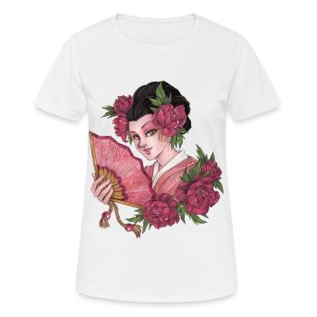 Sexy Geisha im Manga Style mit Fächer und Rosen - Frauen T-Shirt atmungsaktiv - Weiß - Vorne - AI Model Female 172 dark (172cm)