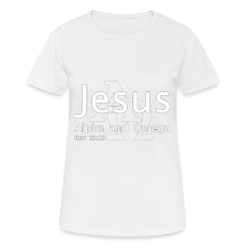 Christian Design Jesus, Alpha und Omega - Frauen T-Shirt atmungsaktiv - Weiß - Vorne - AI Model Female 172 dark (172cm)