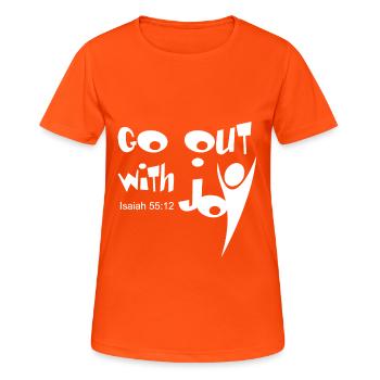 Christian Design Geh raus mit Freude Jesaja 55 Vers - Frauen T-Shirt atmungsaktiv - Neonorange - Vorne - AI Model Female 172 dark (172cm)