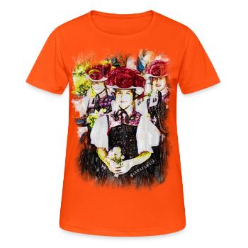 Schwarzwald, Bollenhut, Tracht - Frauen T-Shirt atmungsaktiv - Neonorange - Vorne - AI Model Female 172 dark (172cm)