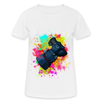 super appareil photo avec objectif dans des éclaboussures de cadeau de couleur - T-shirt respirant Femme - blanc - Devant - AI Model Female 172 dark (172cm)
