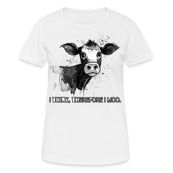 Ich denke, also muh - Eine Cartoon-Kuh - Frauen T-Shirt atmungsaktiv - Weiß - Vorne - AI Model Female 172 dark (172cm)