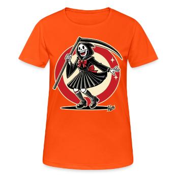 Cheerful Grim Reaper dressed as a schoolgirl - Women's Breathable T-Shirt - neon orange - Front - AI Model Female 172 dark (172cm)
