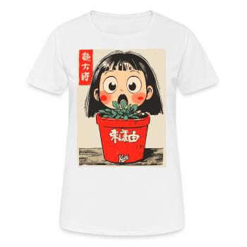 Cartoon Mädchen hinter einem Blumentopf - Frauen T-Shirt atmungsaktiv - Weiß - Vorne - AI Model Female 172 dark (172cm)