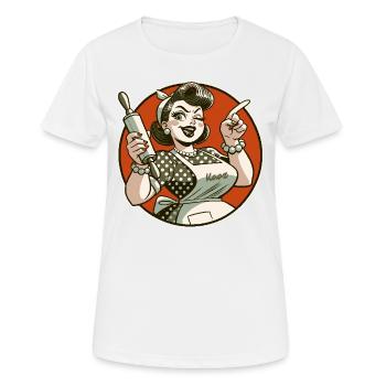 Hausfrau mit Nudelholz zeigt mit dem Finger - Frauen T-Shirt atmungsaktiv - Weiß - Vorne - AI Model Female 172 dark (172cm)