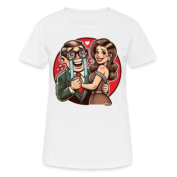 Glückliche Nerd mit attraktiver Ehefrau - Frauen T-Shirt atmungsaktiv - Weiß - Vorne - AI Model Female 172 dark (172cm)