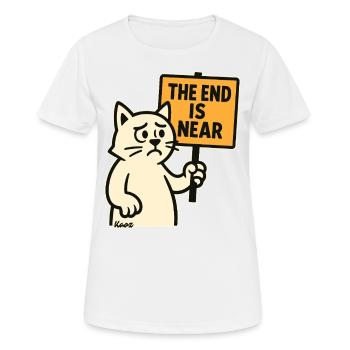 Traurige Katze mit „Das Ende naht“ - Frauen T-Shirt atmungsaktiv - Weiß - Vorne - AI Model Female 172 dark (172cm)