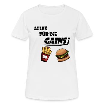 Alles für die Gains! - Frauen T-Shirt atmungsaktiv - Weiß - Vorne - AI Model Female 172 dark (172cm)