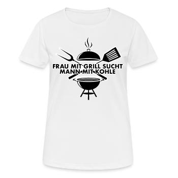 Woman with barbecue is looking for man with coal - Women's Breathable T-Shirt - white - Front - AI Model Female 172 dark (172cm)