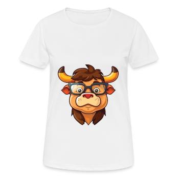 Bull Wearing Glasses Cartoon Kawaii Illustration - Women's Breathable T-Shirt - white - Front - AI Model Female 172 dark (172cm)