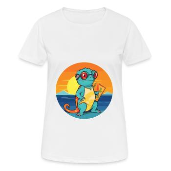 Chameleon Funny Cartoon Kawaii Beach Illustration - Women's Breathable T-Shirt - white - Front - AI Model Female 172 dark (172cm)