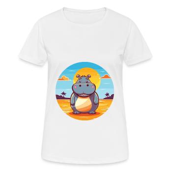 Hippo Funny Cartoon Kawaii Beach Illustration - Women's Breathable T-Shirt - white - Front - AI Model Female 172 dark (172cm)