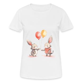 Rabbits Kawaii Cartoon Pet Playing With Balloons - Women's Breathable T-Shirt - white - Front - AI Model Female 172 dark (172cm)