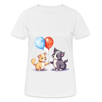 Katze und Hund Kawaii Cartoon spielen mit Luftballons - Frauen T-Shirt atmungsaktiv - Weiß - Vorne - AI Model Female 172 dark (172cm)
