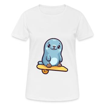 Lustige Robbe Kawaii Cartoon Haustier spielt Skateboard - Frauen T-Shirt atmungsaktiv - Weiß - Vorne - AI Model Female 172 dark (172cm)