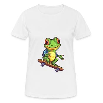 Lustiger Frosch Kawaii Cartoon Haustier spielt Skateboard - Frauen T-Shirt atmungsaktiv - Weiß - Vorne - AI Model Female 172 dark (172cm)