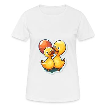 Enten Kawaii Cartoon Haustier spielt mit Luftballons - Frauen T-Shirt atmungsaktiv - Weiß - Vorne - AI Model Female 172 dark (172cm)