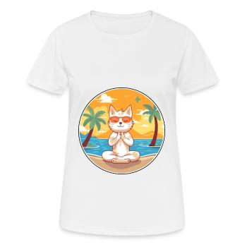 Dessin animé de chat Yoga plage Illustration d’été - T-shirt respirant Femme - blanc - Devant - AI Model Female 172 dark (172cm)