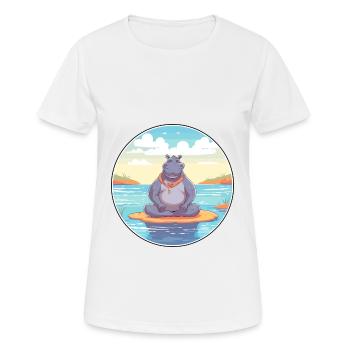 Hippo Cartoon Yoga Beach Summer Illustration - Women's Breathable T-Shirt - white - Front - AI Model Female 172 dark (172cm)