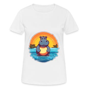 Hippo Funny Cartoon Kawaii Beach Illustration - Women's Breathable T-Shirt - white - Front - AI Model Female 172 dark (172cm)