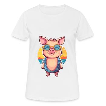 Pig Funny Cartoon Kawaii Beach Illustration - Women's Breathable T-Shirt - white - Front - AI Model Female 172 dark (172cm)
