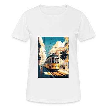 Lisbon Portugal Tram Vintage Travel Poster WPA Art - Women's Breathable T-Shirt - white - Front - AI Model Female 172 dark (172cm)