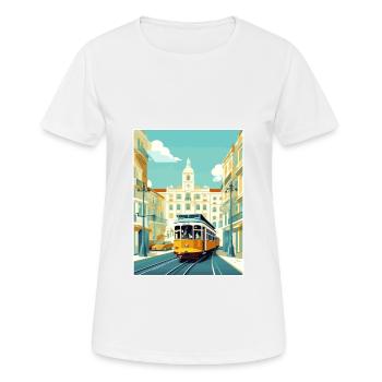 Lisbon Portugal Tram Vintage Travel Poster WPA Art - Women's Breathable T-Shirt - white - Front - AI Model Female 172 dark (172cm)