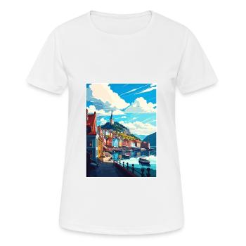 Bergan Norway Oslo Vintage Travel Poster Souvenir - Women's Breathable T-Shirt - white - Front - AI Model Female 172 dark (172cm)