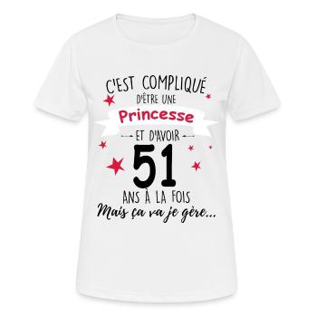Anniversaire Femme Princesse 51 ans - T-shirt respirant Femme - blanc - Devant - AI Model Female 172 dark (172cm)