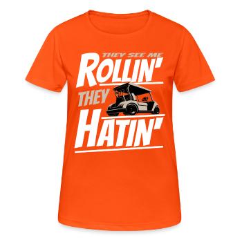 Golfwagen So Rolle Ich Einen Lustigen Golfer - Frauen T-Shirt atmungsaktiv - Neonorange - Vorne - AI Model Female 172 dark (172cm)