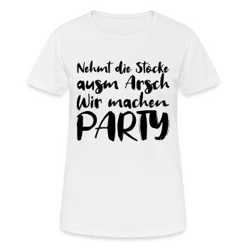 Nehmt die Stoecke ausm Arsch wir machen Party - Frauen T-Shirt atmungsaktiv - Weiß - Vorne - AI Model Female 172 dark (172cm)