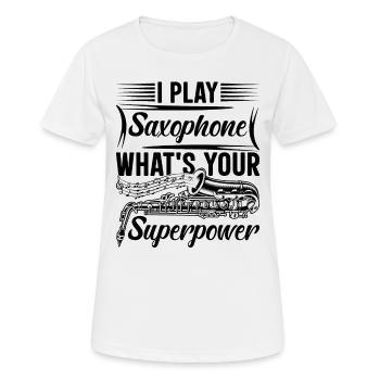 Je joue du saxophone Quel est votre superpouvoir - Saxophon - T-shirt respirant Femme - blanc - Devant - AI Model Female 172 dark (172cm)