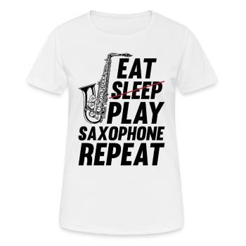 Manger dormir Jouer Saxophones Répéter Jouer des saxophones - T-shirt respirant Femme - blanc - Devant - AI Model Female 172 dark (172cm)