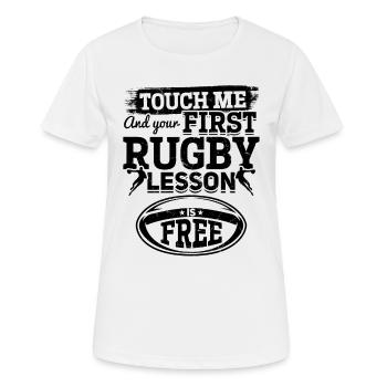 Touch me and your first Rugby lesson is free - Rug - Women's Breathable T-Shirt - white - Front - AI Model Female 172 dark (172cm)