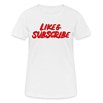 Klick gefällt mir und lass ein Abo da! - Frauen T-Shirt atmungsaktiv - Weiß - Vorne - AI Model Female 172 dark (172cm)