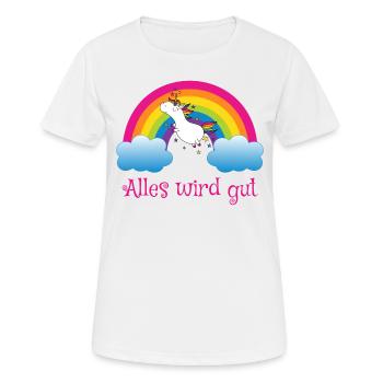 Regenbogen Einhorn Spruch Alles wird gut - Frauen T-Shirt atmungsaktiv - Weiß - Vorne - AI Model Female 172 dark (172cm)