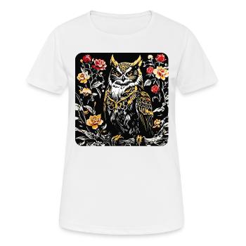 Eule mit Rosenblüten Ranken in Holzschnittoptik - Frauen T-Shirt atmungsaktiv - Weiß - Vorne - AI Model Female 172 dark (172cm)