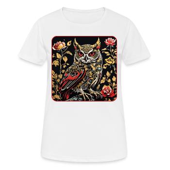 Eule mit Rosenblüten Ranken in Holzschnittoptik - Frauen T-Shirt atmungsaktiv - Weiß - Vorne - AI Model Female 172 dark (172cm)