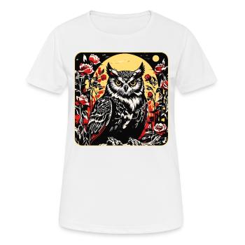 Eule mit Rosenblüten Ranken in Holzschnittoptik - Frauen T-Shirt atmungsaktiv - Weiß - Vorne - AI Model Female 172 dark (172cm)