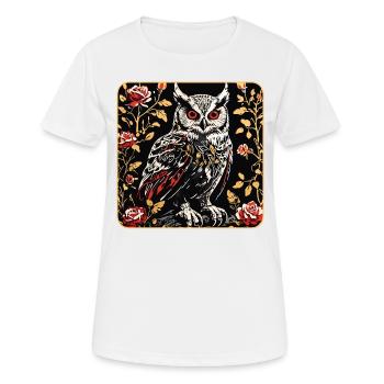 Eule mit Rosenblüten Ranken in Holzschnittoptik - Frauen T-Shirt atmungsaktiv - Weiß - Vorne - AI Model Female 172 dark (172cm)