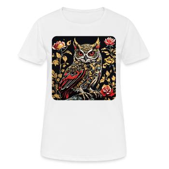 Eule mit Rosenblüten Ranken in Holzschnittoptik - Frauen T-Shirt atmungsaktiv - Weiß - Vorne - AI Model Female 172 dark (172cm)