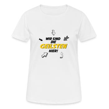 On est les plus excités ici. - T-shirt respirant Femme - blanc - Devant - AI Model Female 172 dark (172cm)