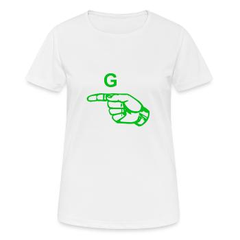 Les doigts verts indiquent un G - T-shirt respirant Femme - blanc - Devant - AI Model Female 172 dark (172cm)