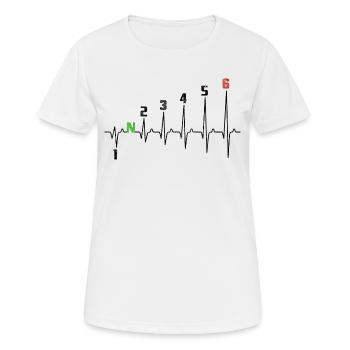 1N23456 Motorrad Gangschaltung - Adrenalin - Puls - Frauen T-Shirt atmungsaktiv - Weiß - Vorne - AI Model Female 172 dark (172cm)