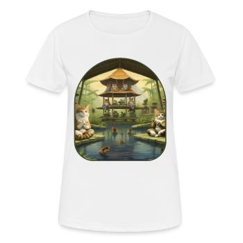 Zen Garden Yoga Cats Stretching on Mushroom Mats - Women's Breathable T-Shirt - white - Front - AI Model Female 172 dark (172cm)