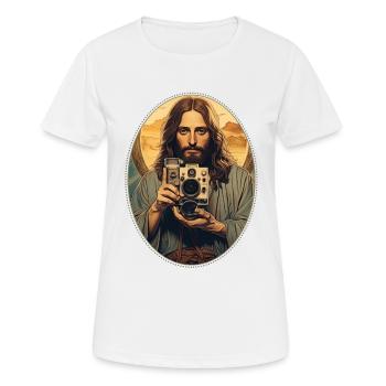 Jésus se blottit Vintage appareil photo T Shirt, Christian - T-shirt respirant Femme - blanc - Devant - AI Model Female 172 dark (172cm)