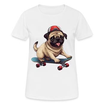Skateboarding Pug: Dynamic Dog and - Women's Breathable T-Shirt - white - Front - AI Model Female 172 dark (172cm)