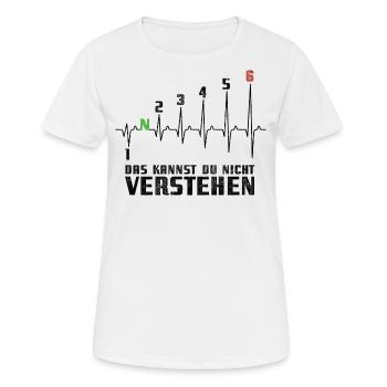 1N23456 Motorrad Gangschaltung - Adrenalin - Puls - Frauen T-Shirt atmungsaktiv - Weiß - Vorne - AI Model Female 172 dark (172cm)