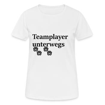Teamplayer gibt es bei Zwei-und Vierbeinern. - Frauen T-Shirt atmungsaktiv - Weiß - Vorne - AI Model Female 172 dark (172cm)